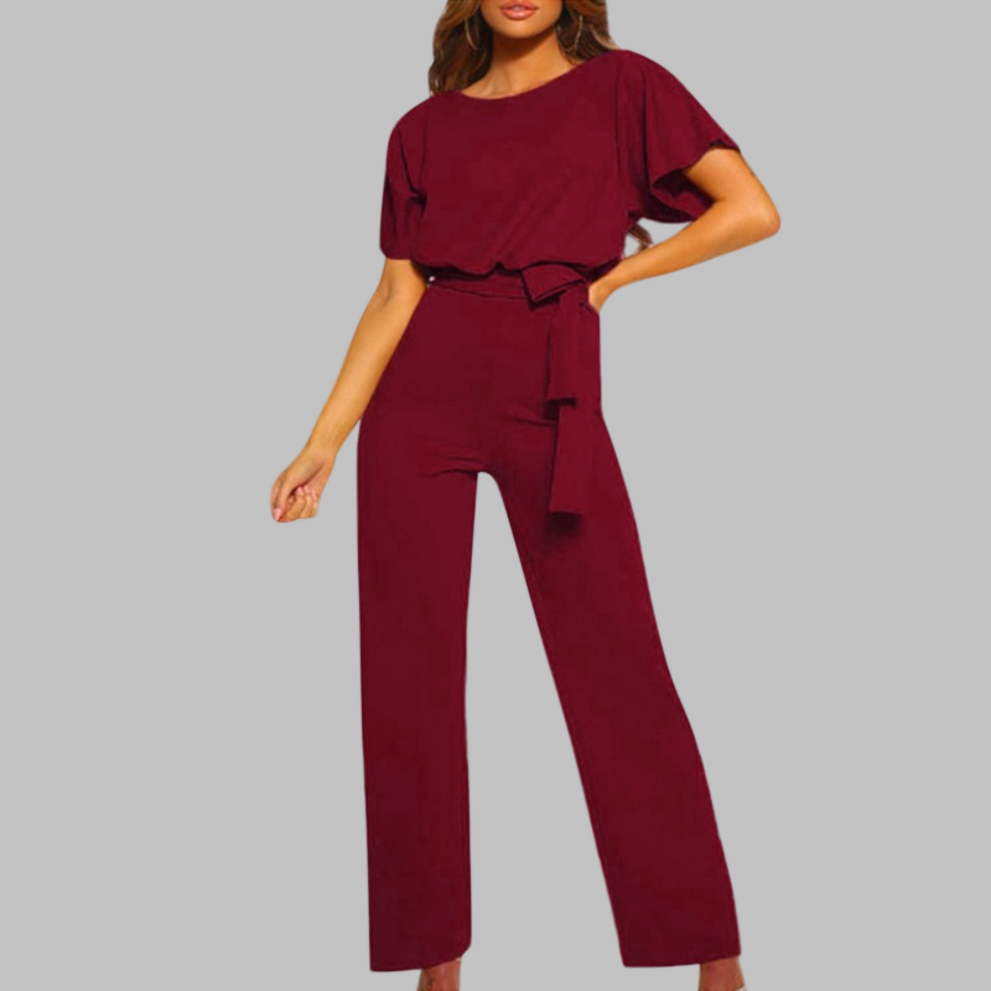 Sunny | Women's Belted Wide Leg Jumpsuit Batwing Sleeve Crewneck