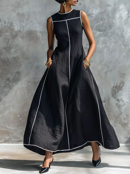 A-Line Loose Contrast Color Pockets Striped Round-Neck Maxi Dresses