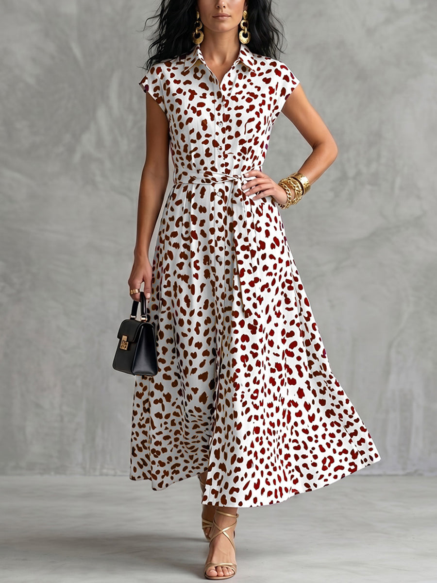 A-line Cap Sleeve Buttoned Leopard Printed Tied Waist Midi Dresses Shirt Dress