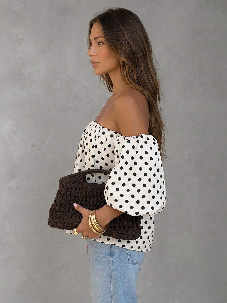 Half Sleeves Loose Backless Contrast Color Elasticity Polka Dot Off-The-Shoulder Blouses&Shirts Tops
