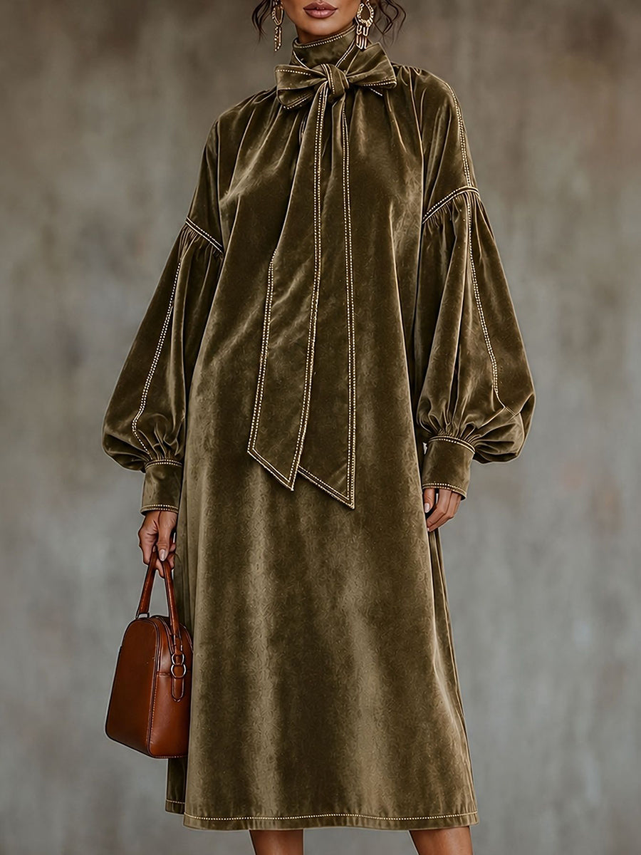 Split-Joint Knot Contrast Color Puff Sleeves Plus Size High-neck Midi Dresses