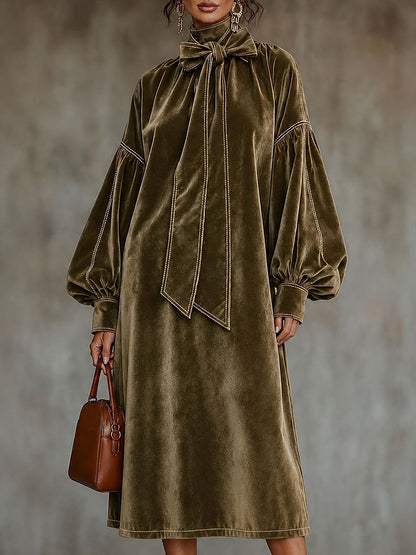 Split-Joint Knot Contrast Color Puff Sleeves Plus Size High-neck Midi Dresses