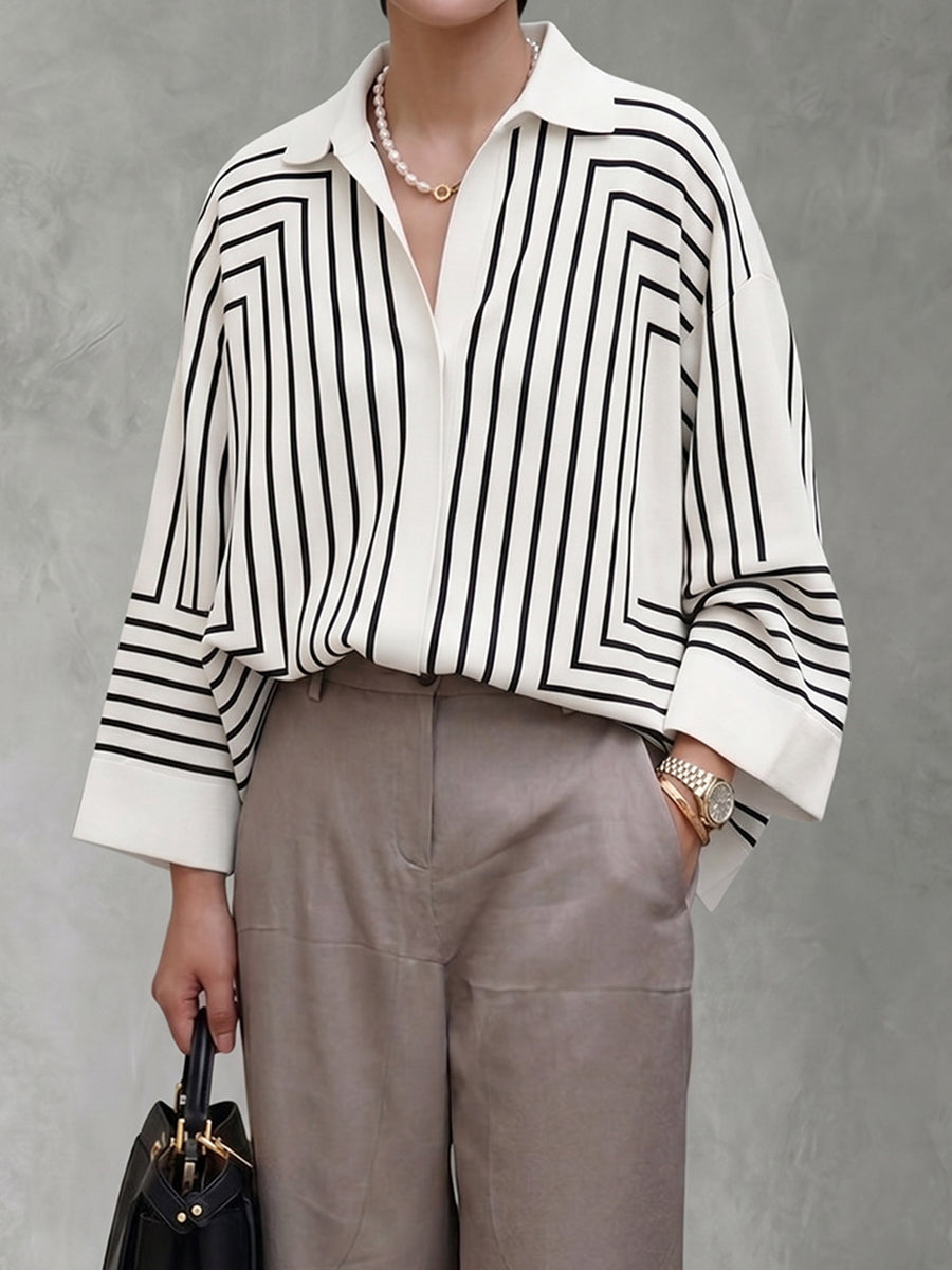 Long Sleeves Loose Buttoned Line Printed Lapel Blouses&Shirts Tops