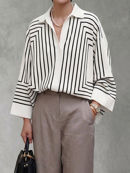 Long Sleeves Loose Buttoned Line Printed Lapel Blouses&Shirts Tops