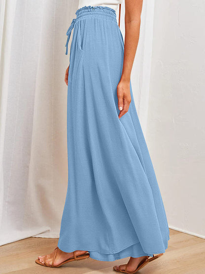 High Waisted Loose Drawstring Elasticity Pockets Solid Color Pants Trousers