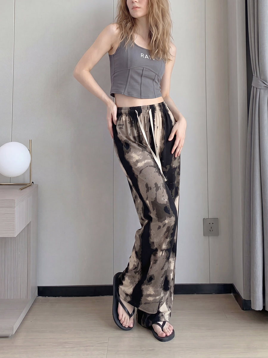 High Waisted Wide Leg Drawstring Elasticity Printed Pants Trousers