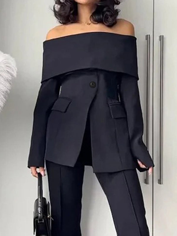 Long Sleeves Solid Color Split-Front Split-Joint Off-The-Shoulder Blazer