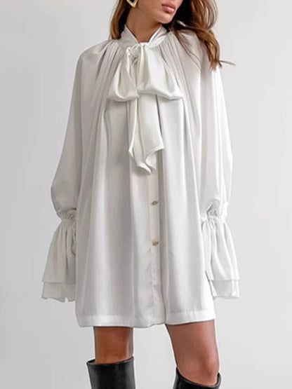 A-Line Flared Sleeves Buttoned Elasticity Pleated Solid Color Tied Zipper Stand Collar Mini Dresses