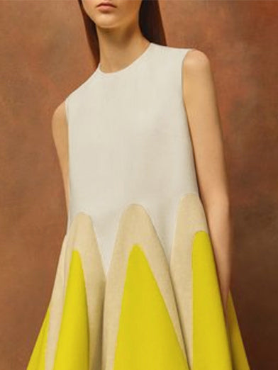 Loose Sleeveless Contrast Color Falbala Round-Neck Mini Dresses