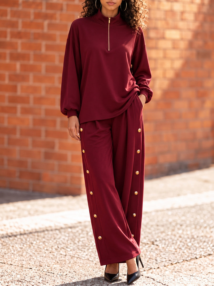 Solid Color Pockets Buttoned High Waisted Trousers Pants
