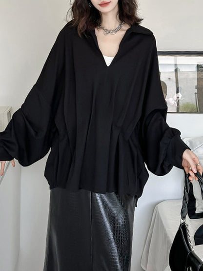 Batwing Sleeves Long Sleeves Pleated Solid Color Deep V-Neck Blouses&Shirts Tops