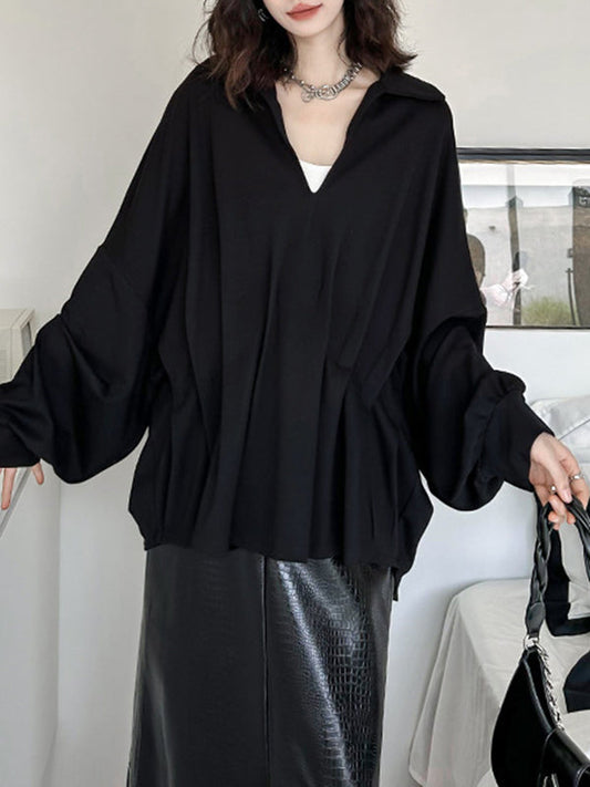 Batwing Sleeves Long Sleeves Pleated Solid Color Deep V-Neck Blouses&Shirts Tops