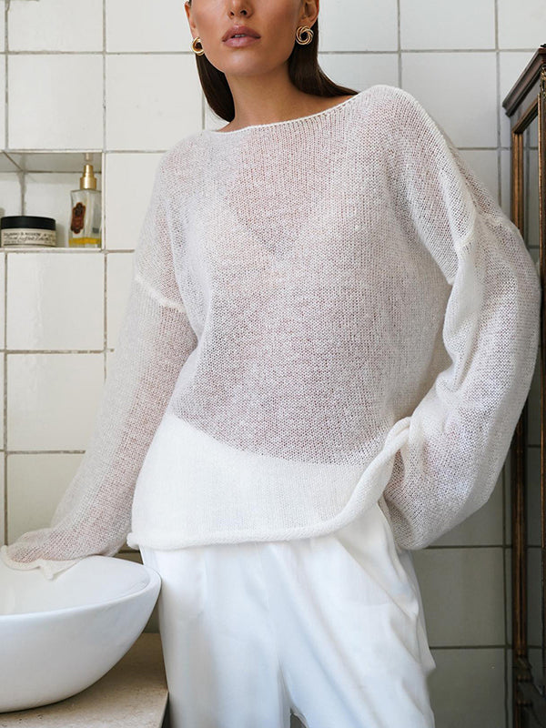 Long Sleeves Loose See-Through Solid Color Split-Joint Round-Neck Sweater Tops