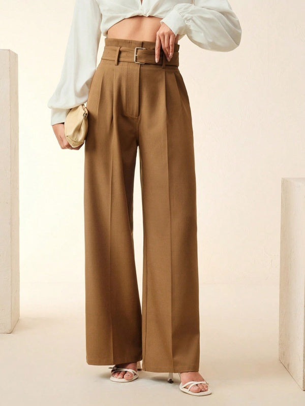 Loose Straight Leg Belted Pockets Solid Color Zipper Casual Pants Bottoms Trousers