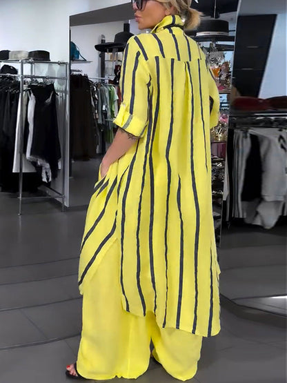 Striped Contrast Color Buttoned Loose High-low Lapel Blouses&shirts Tops