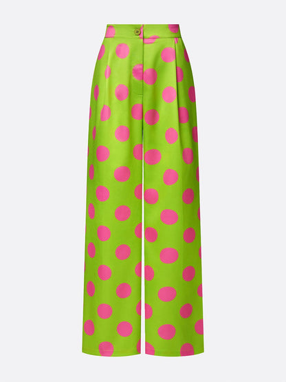Loose Wide Leg Buttoned Pockets Polka-Dot Pants Trousers