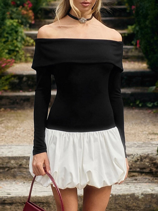 Mini-robes taille haute, manches longues, couleur contrastée, plissées, fendues, épaules dénudées 