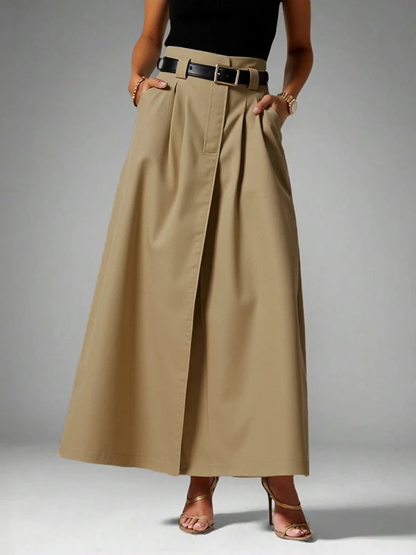 A-Line Loose No Belt Solid Color Zipper Skirts Bottoms KHAKI