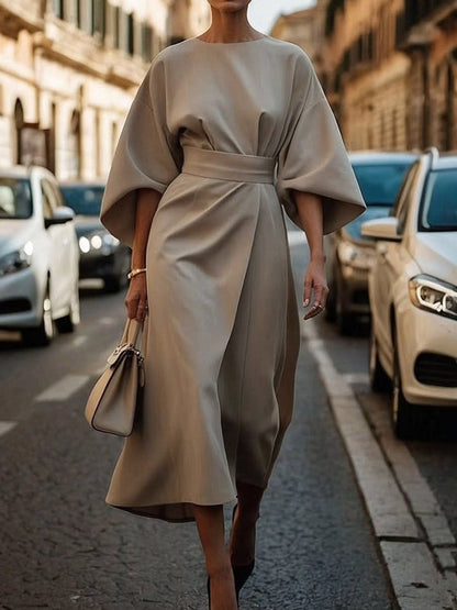 Loose Puff Sleeves Pleated Solid Color Split-Joint Round-Neck Midi Dresses KHAKI