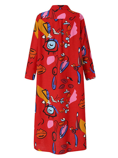Long Sleeves Loose Buttoned Pockets Printed Lapel Maxi Dresses Shirt Dress