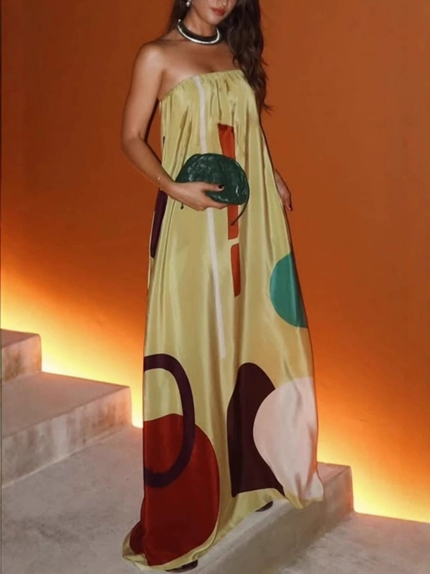 Unique Printed Off Shoulder Pocketed Loose Maxi Dress