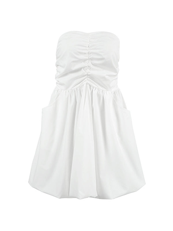 A-Line High Waisted Elasticity Pleated Pockets Solid Color Tube Mini Dresses