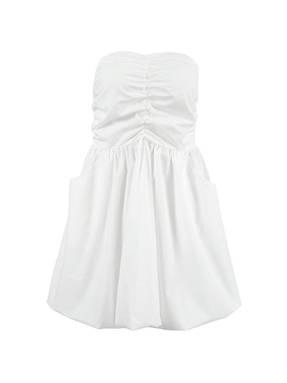 A-Line High Waisted Elasticity Pleated Pockets Solid Color Tube Mini Dresses