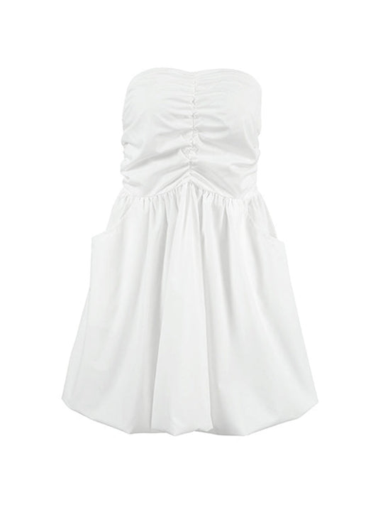 A-Line High Waisted Elasticity Pleated Pockets Solid Color Tube Mini Dresses