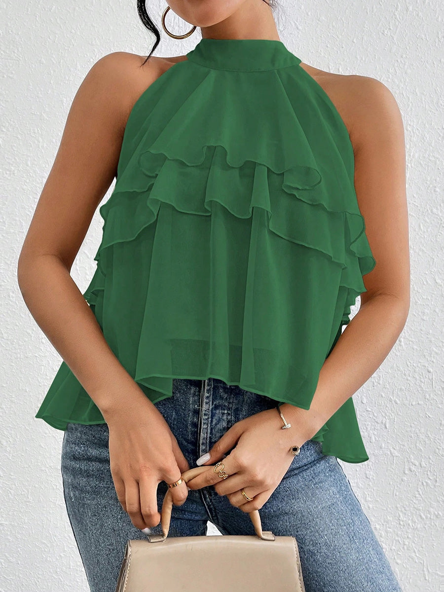 Sleeveless Hollow Ruffle Trim Solid Color Split-Joint Halter-Neck Tank Top