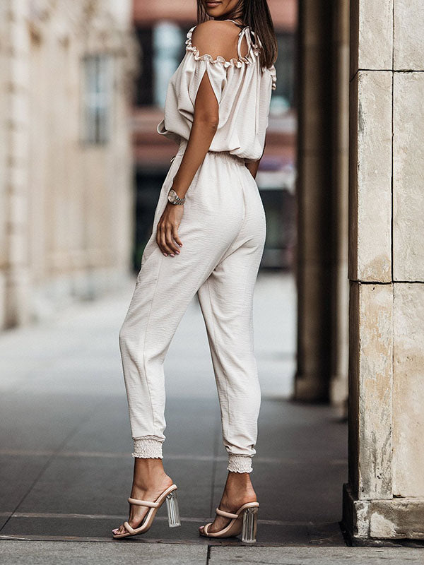 Batwing Sleeves Loose Elasticity Hollow Pleated Pockets Solid Color Tied V-Neck Jumpsuits