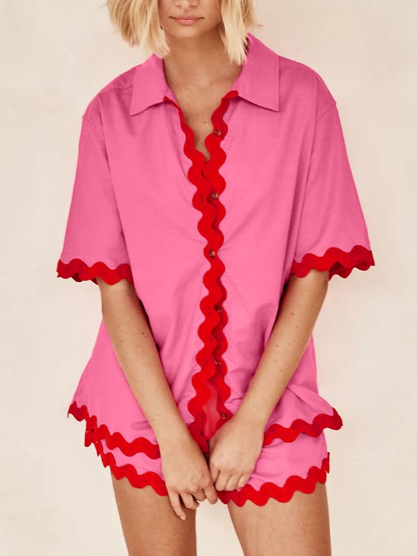 Loose Contrast Color Shirts Tops & Shorts Two Pieces Set