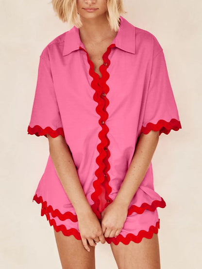 Loose Contrast Color Shirts Tops & Shorts Two Pieces Set