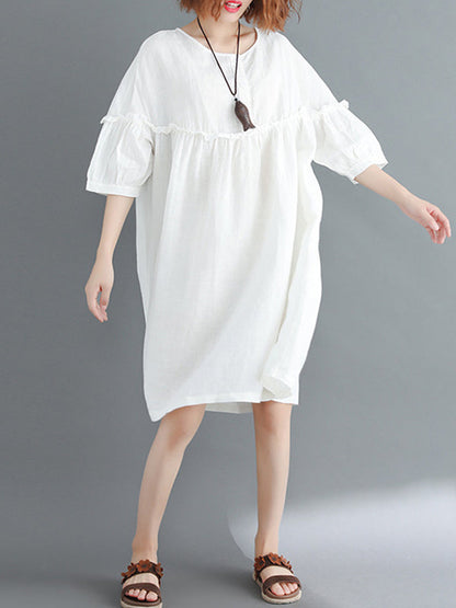 Künstlerisches Retro-Falbala-Midikleid in Volltonfarbe mit Falten 