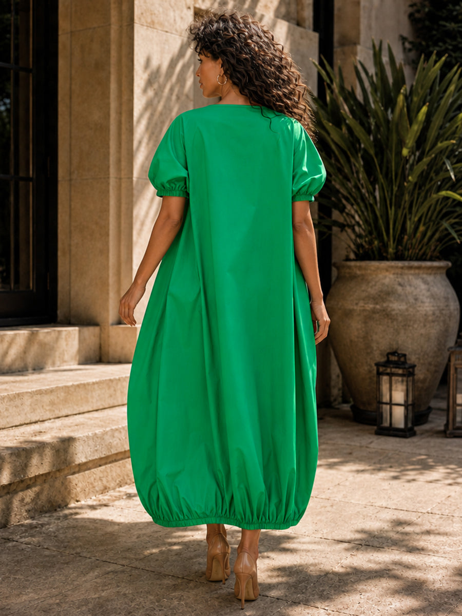 Split-Joint Solid Color Pockets Elastics Short Sleeves Bloomers Round-neck Maxi Dresses
