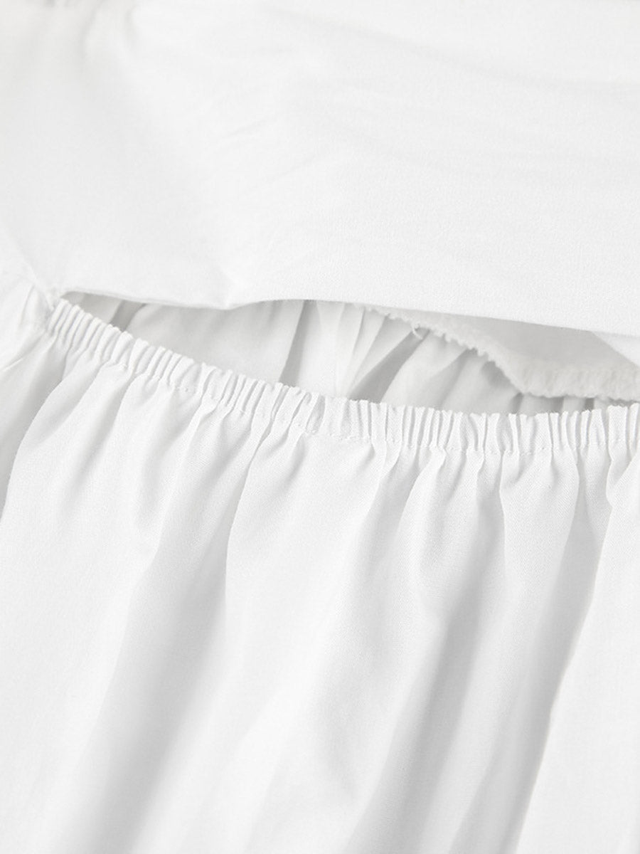 Elasticated Waist High Waisted Pleated Solid Color Split-Joint Tied Waist Round-Neck Blouses&Shirts Tops