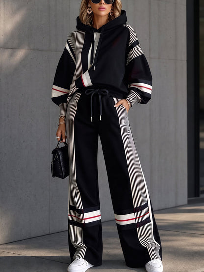 Striped Pockets Drawstring Contrast Color High Waisted Trousers Pants