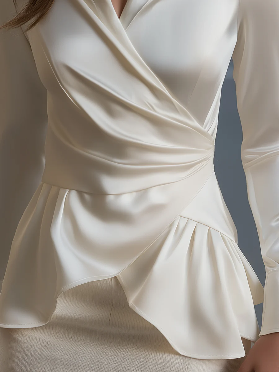Long Sleeves Pleated Solid Color Split-Joint Lapel Blouses&Shirts Tops