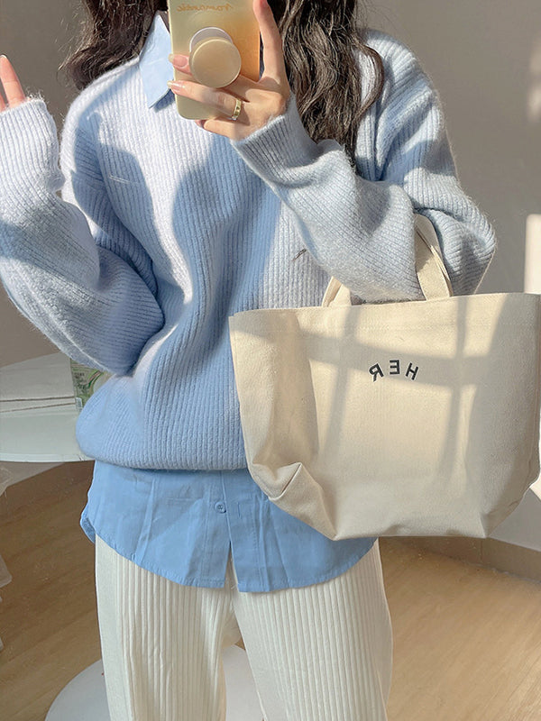 Long Sleeves Loose Solid Color Round-Neck Pullovers Sweater Tops