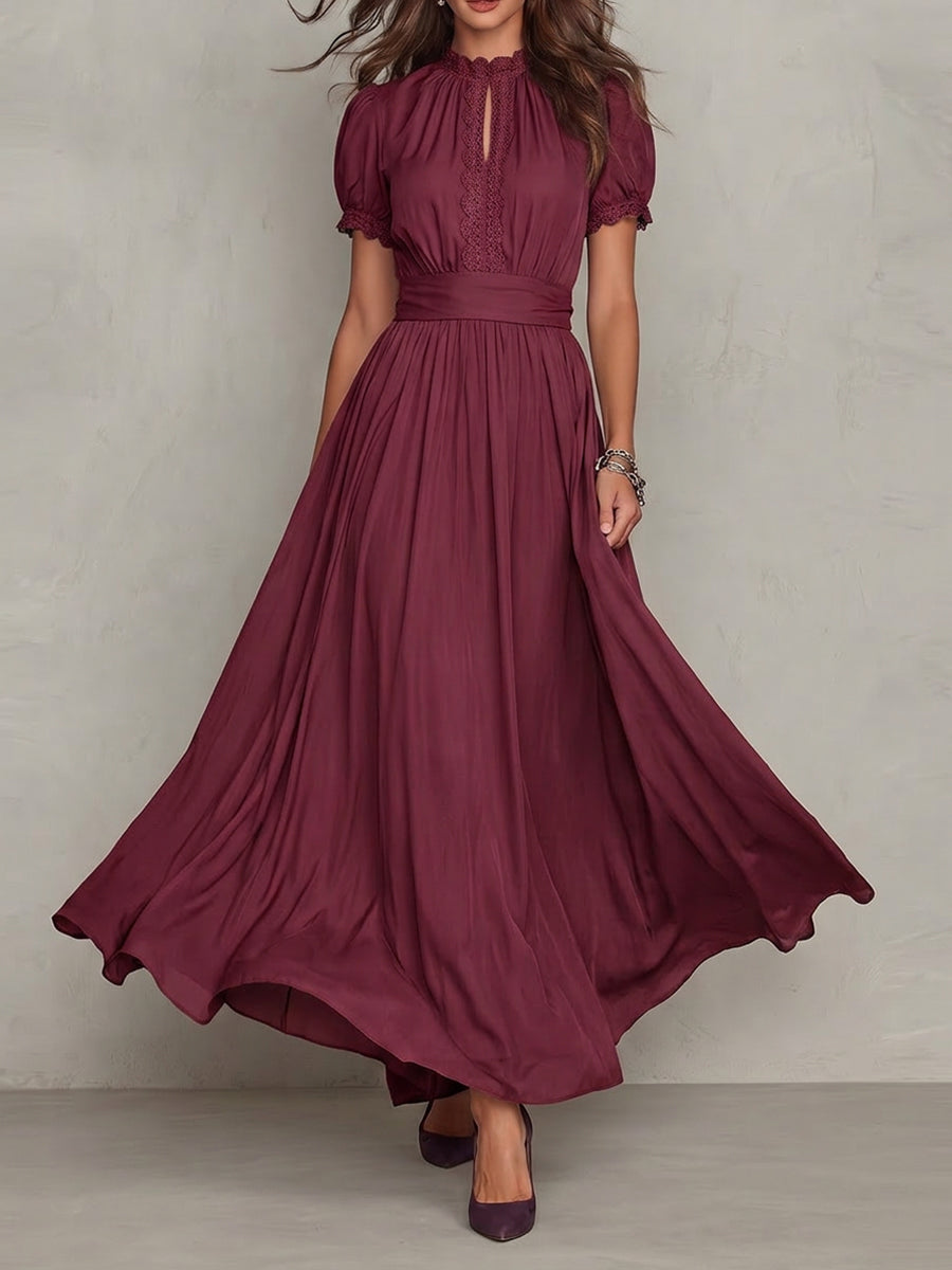 High Waisted Plus Size Buttoned Pleated Solid Color Round-neck Maxi Dresses