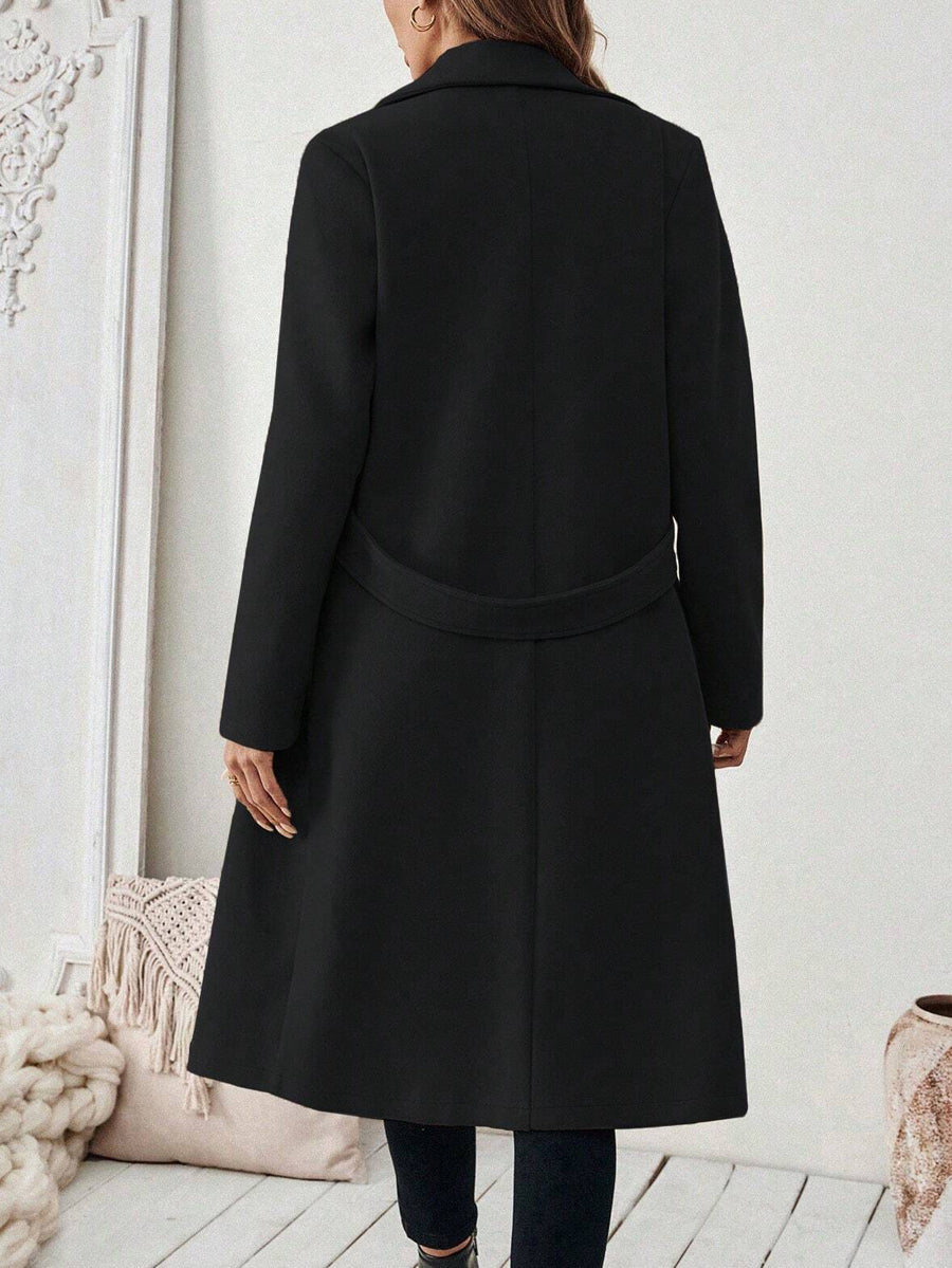 Solid Color Pockets Buttoned Loose Long Sleeves Notched Collar Woolen Coat
