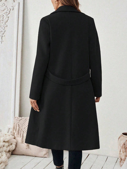 Solid Color Pockets Buttoned Loose Long Sleeves Notched Collar Woolen Coat