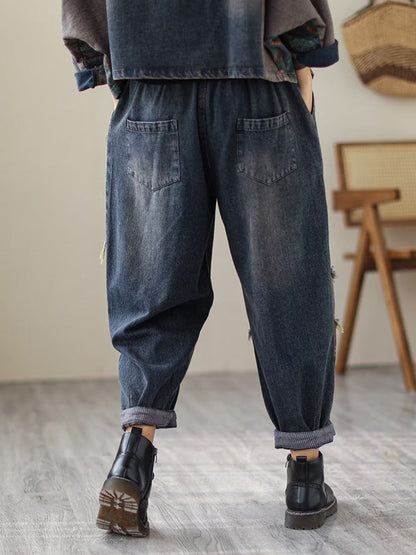 Contrast Color Fringed Split-Joint Long Sleeves Printed Outwear + Harem Pants  Two Pieces Set