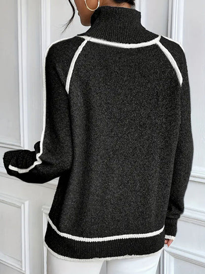 Long Sleeves Loose Contrast Color Split-Joint High Neck Sweater Tops