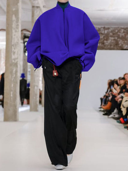 Loose Puff Sleeves Asymmetric Split-Joint Zipper Stand Collar Outerwear
