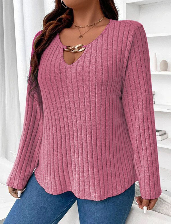 Long Sleeves Loose Solid Color V-Neck T-Shirts Tops