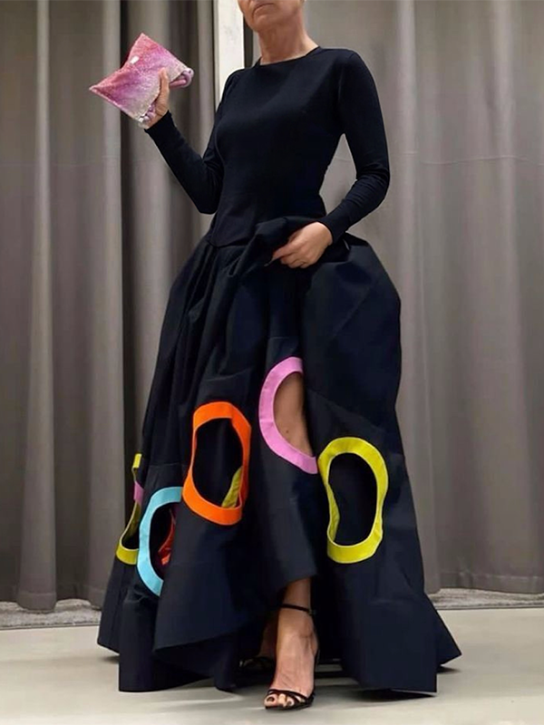 A-Linie Lange Ärmel Hohl Rundhals Maxikleider 