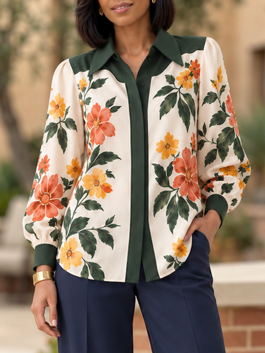 Split-Joint Flower Print Contrast Color Buttoned Long Sleeves Lapel Blouses&shirts Tops