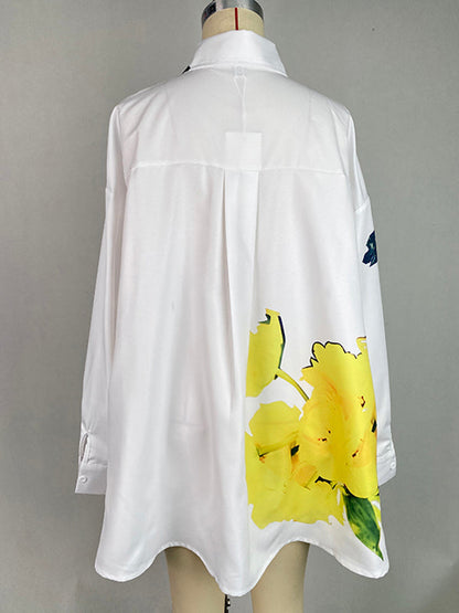 Chemisiers et chemises à manches longues, boutonnés, imprimés de fleurs, poches, col montant fendu sur le côté 