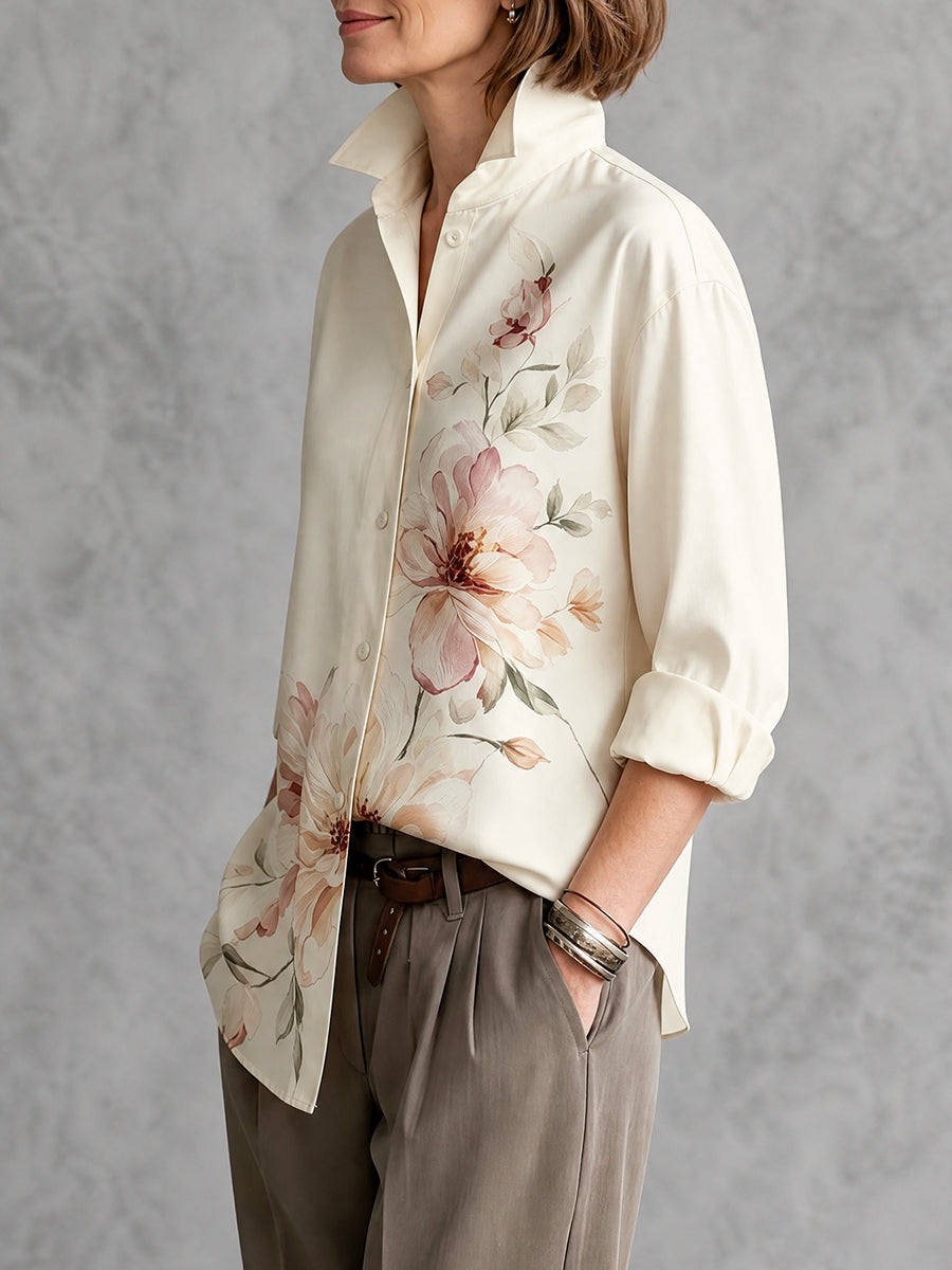 Flower Print Buttoned Loose Long Sleeves Stand Collar Blouses&shirts Tops