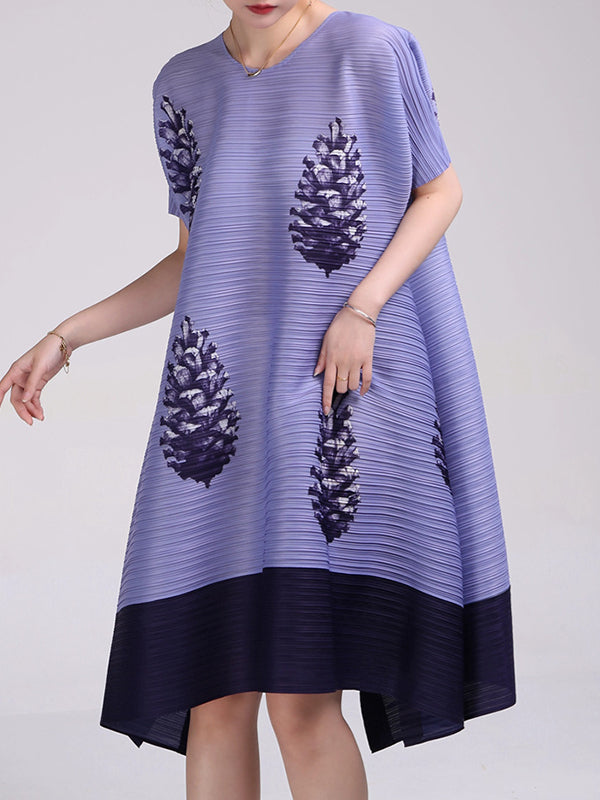 A-Line Loose Flower Print Pleated Round-Neck Midi Dresses